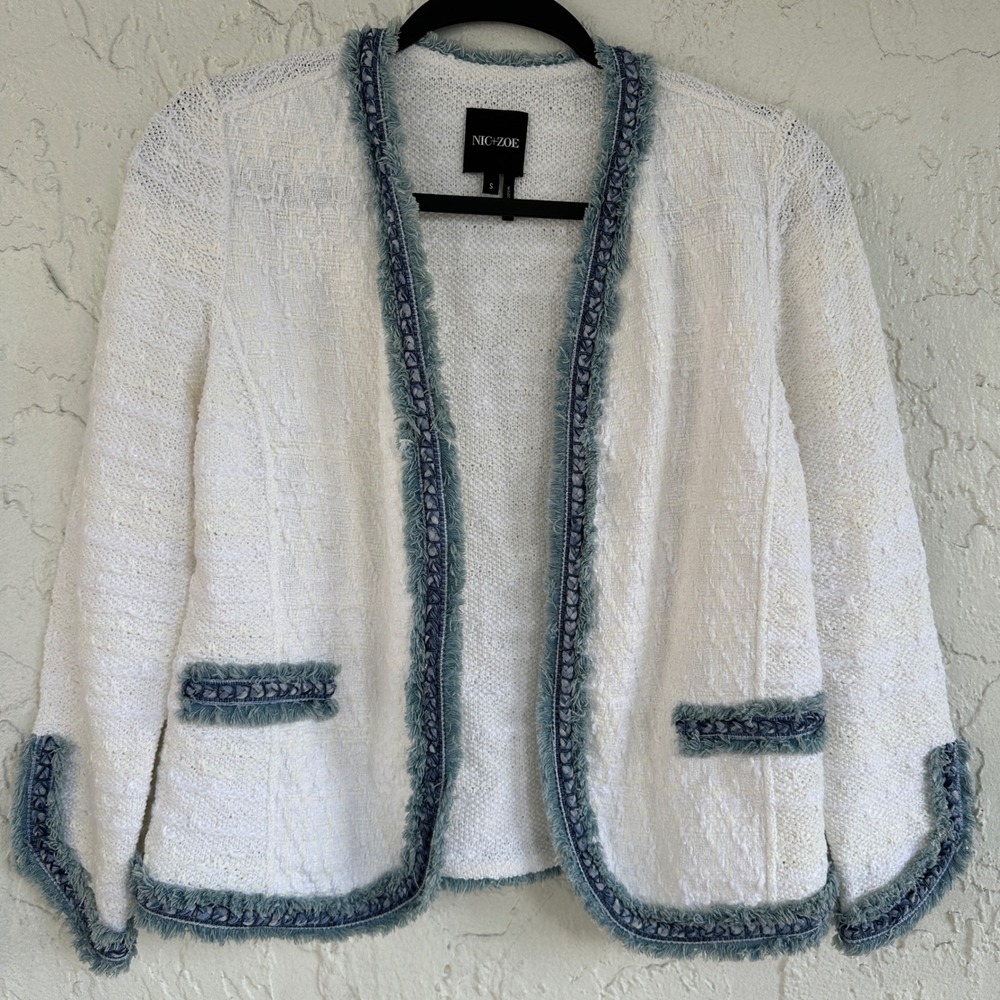 NIC+ZOE Bright Side Textured‎ Knit Open Front Jacket Fringe Trim Womens Small
